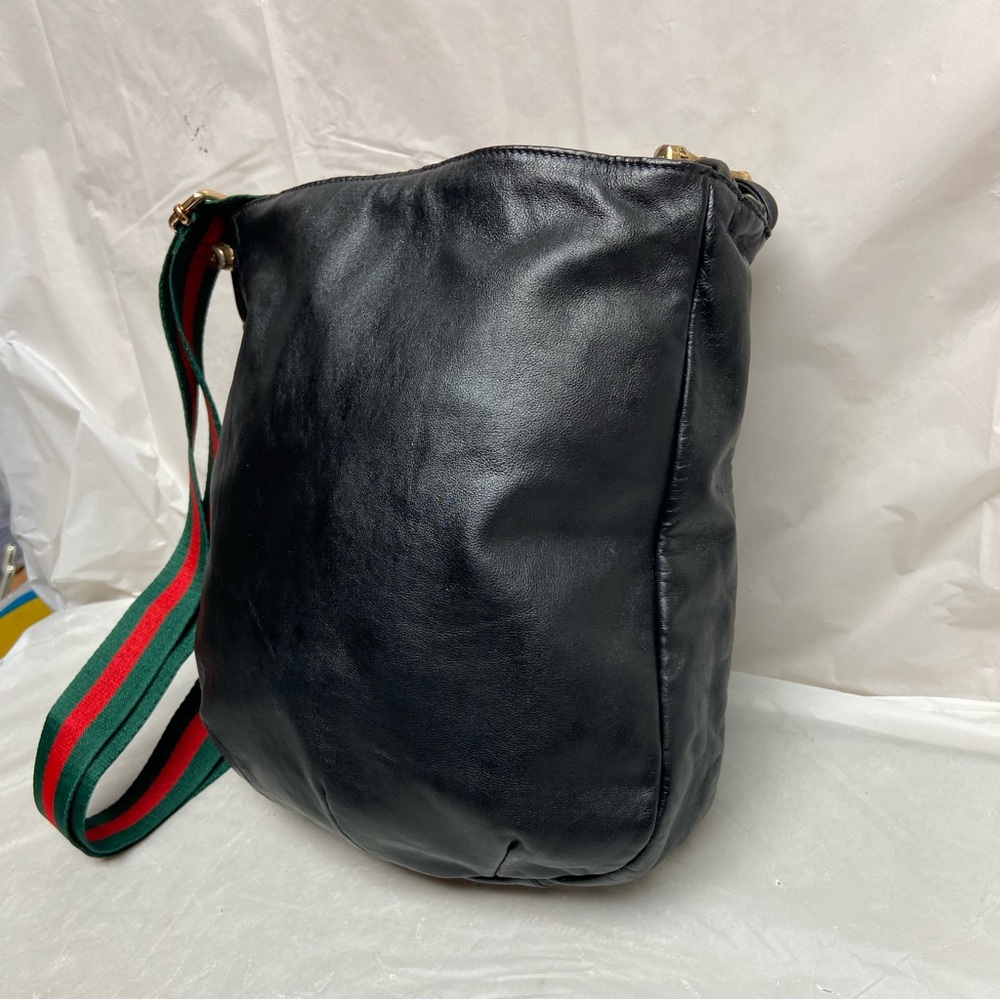 Vintage Gucci Italy Black Leather Drawstring Pouch w/Sherry Line Crossbody Strap - Picture 3 of 12